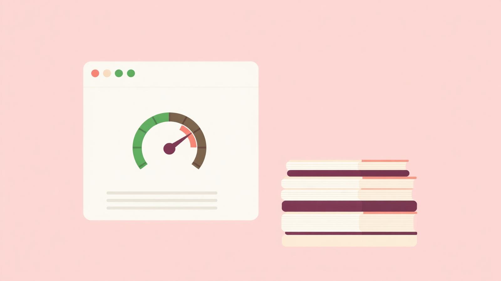 Browser window with a performance speedometer in the green zone beside stacked page blocks